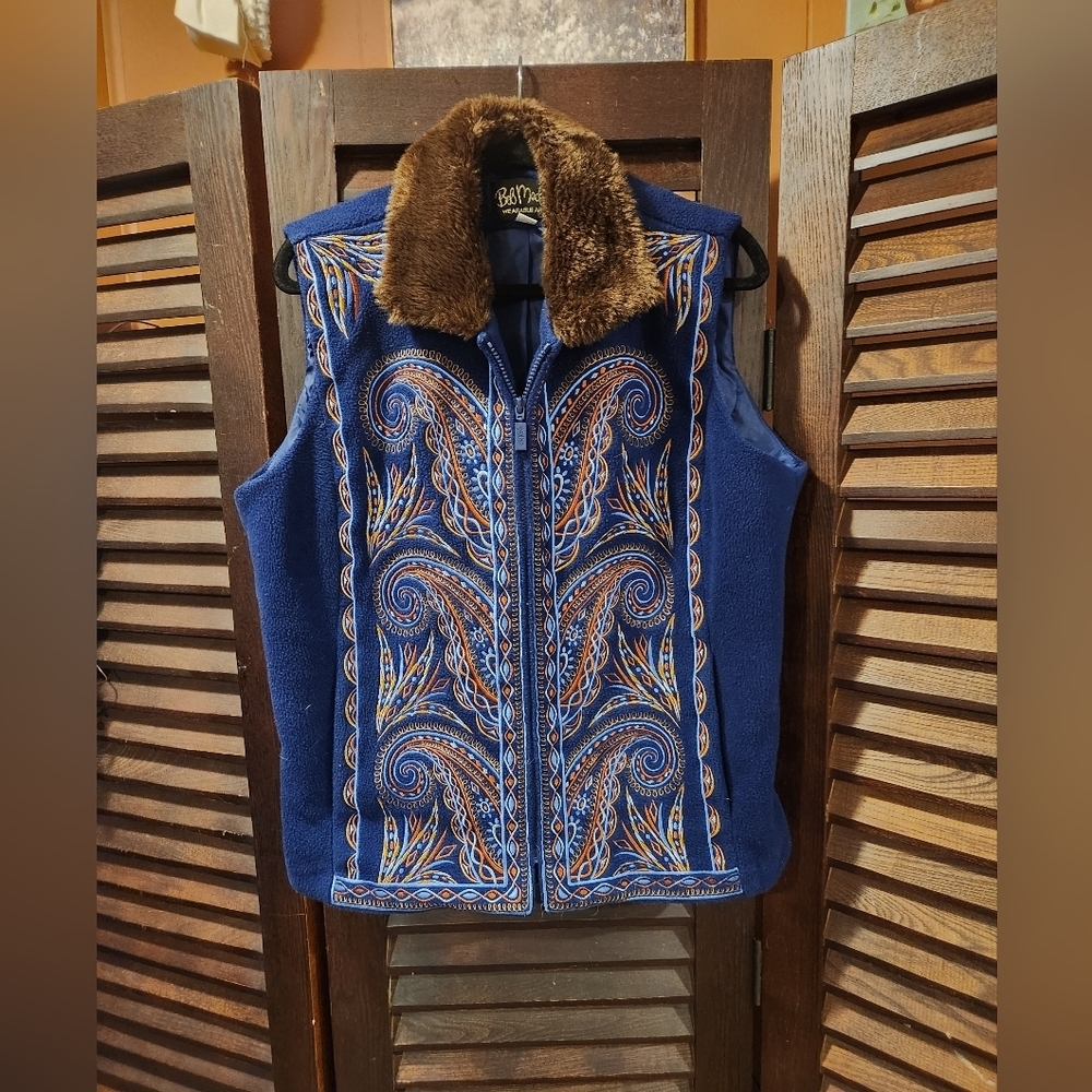 Bob Mackie Blue Vest with Brown Fur Collar